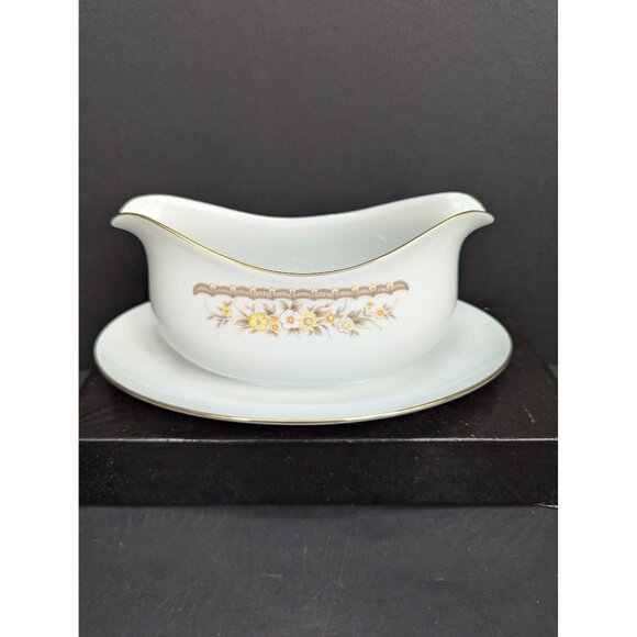 Ekco International Golden Autumn Double Pour Gravy Boat Attached Plate - Picture 1 of 11